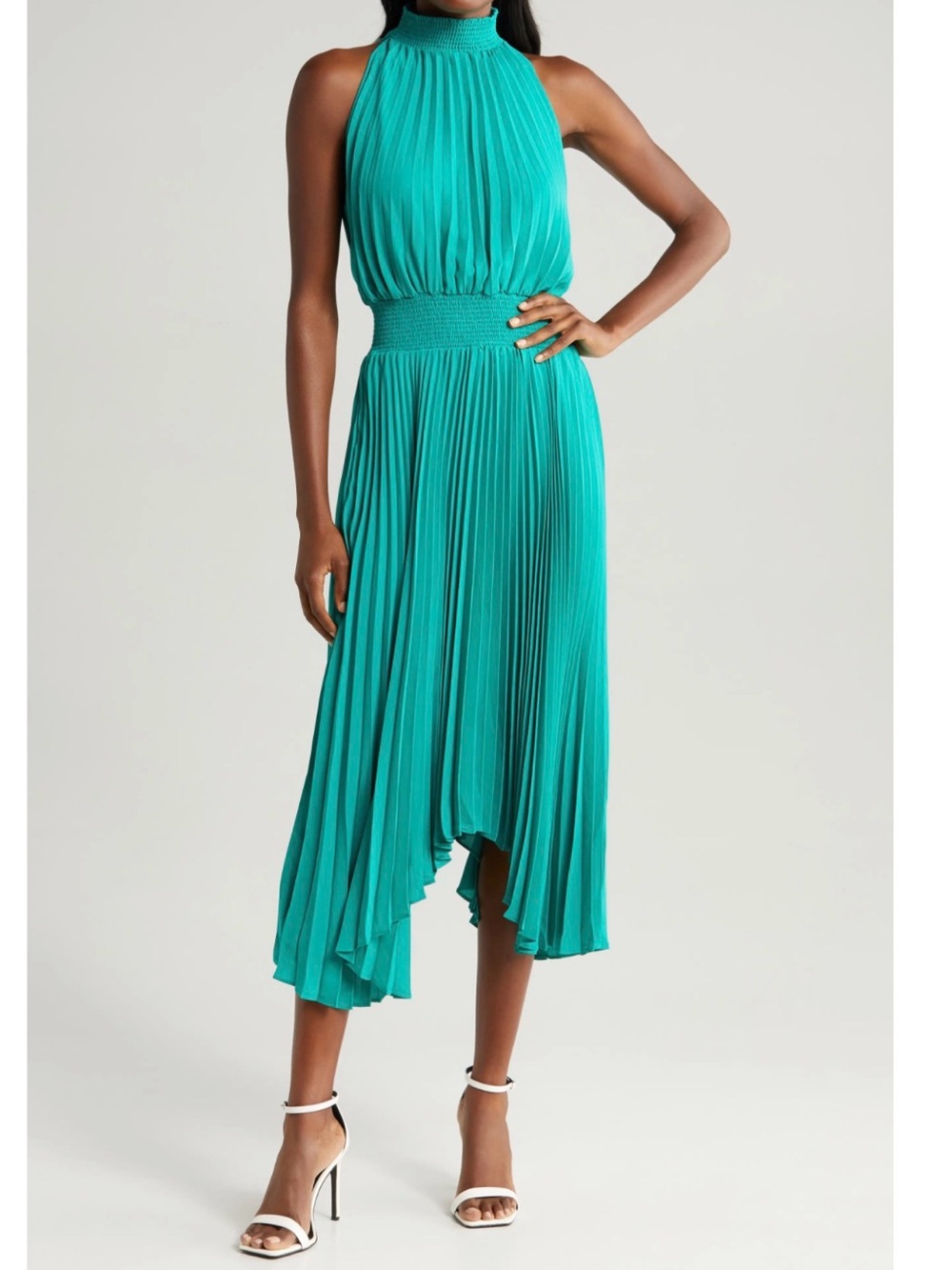 Halogen Pleated sharkbite Hem Midi Dress